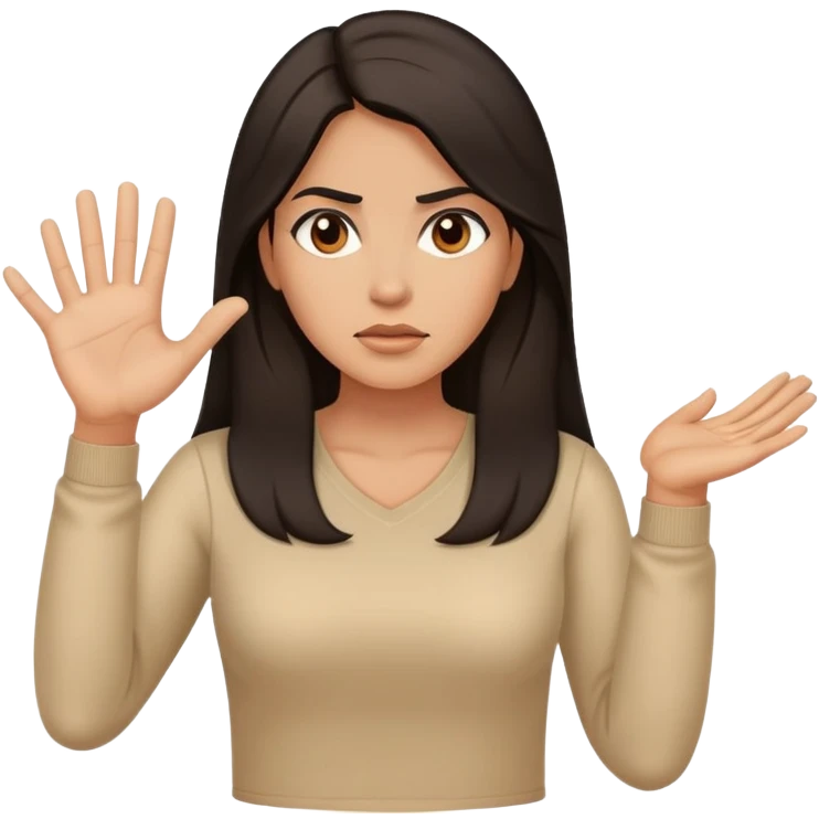 Hispanic woman with long hair, beige top, determined, one hand out motioning to stop emoji