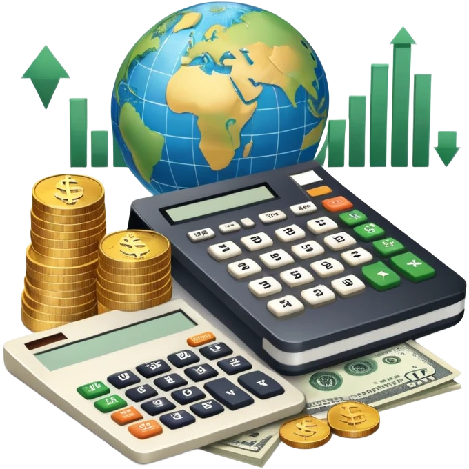 An icon featuring a calculator, a dollar sign, and a chart with upward trends, symbolizing economics. The design includes coins, bills, and a globe, representing global trade and financial systems. Transparent background highlights the study of markets, supply, and demand. emoji
