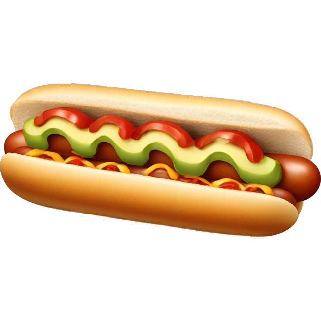 one hotdog with diced tomato, smash avocado and zigzagging mayonnaise emoji