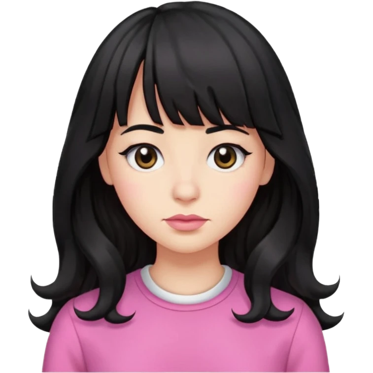 wavy long black hair with bangs, small lips, downturned black eyes, small large nose, pink clothes  emoji