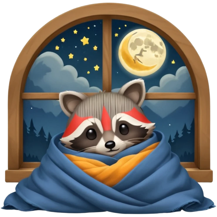 A raccoon sleeps under a blanket against the backdrop of an open window with the moon emoji