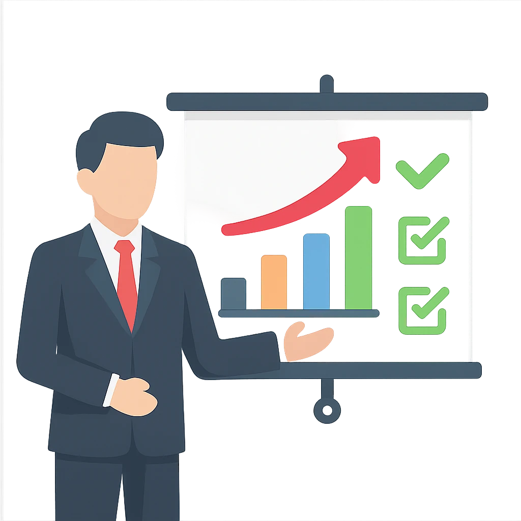 professional person standing next to projector screen showing data, office presentation emoji