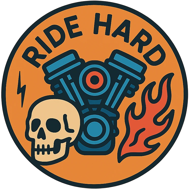 circular motorcycle cap design with the English phrase 'Ride Hard', featuring motorcycle motifs like motor, flame, skull, tough style emoji