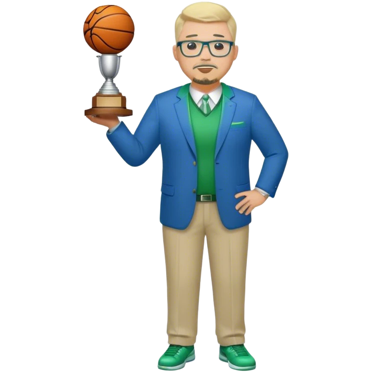 Full Body white fat male  wearing glasses with a goatee with light blonde gray very short hair basketball head Coach in blue and green suit holding trophy emoji