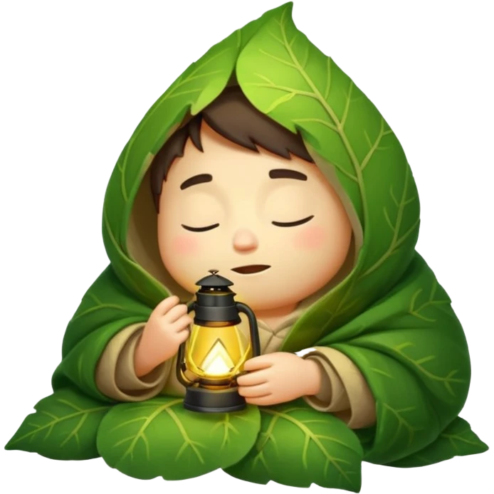sleepy forest character wrapped in leaf blanket holding glowing lantern half asleep emoji
