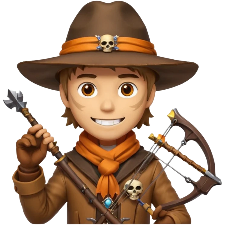 male human monster hunter emoji, wearing brown leather coat and wide hat, holding crossbow or rifle, with amulet shaped like skull, Halloween fantasy theme, confident smile, orange scarf, Apple emoji style, clean white background, square image emoji