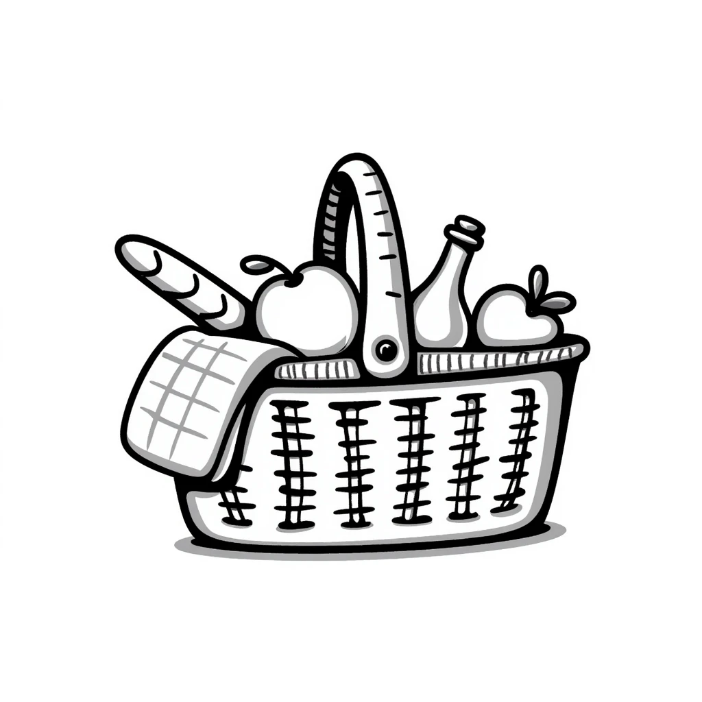 A wicker picnic basket with handle and contents like food items in pastel colors (dd9fb0, ffc6d3, a3bfc9, c4bee2, f1b091), hand-drawn doodle style emoji