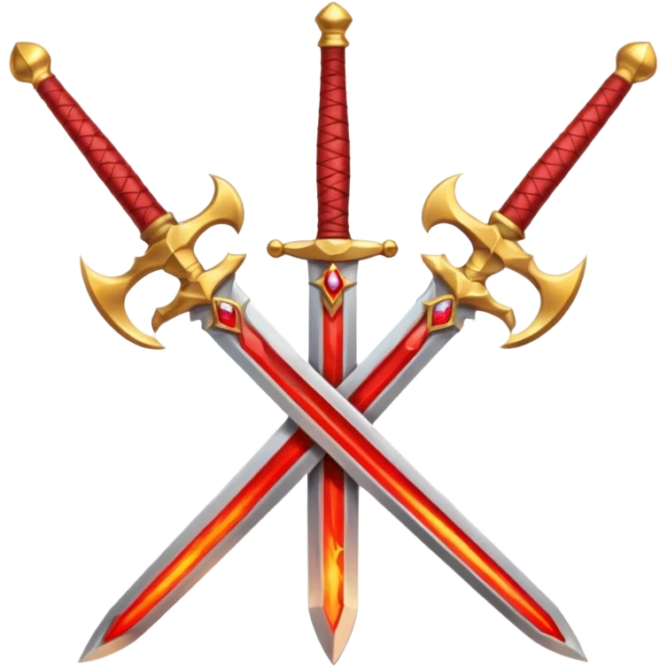 Two crossed swords that are golden in blade and handle and have fiery and royal appearence to them as well as red gem stones emoji