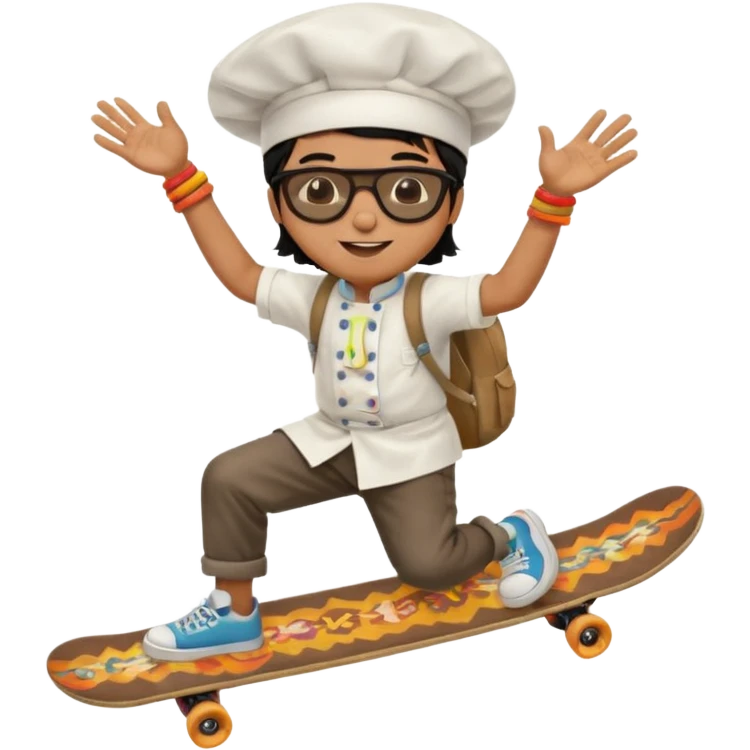 ["A happy boy with brown skin, straight hair, wearing a chef hat and sunglasses, dressed in hippie fashion, is skateboarding while holding a backpack."] emoji