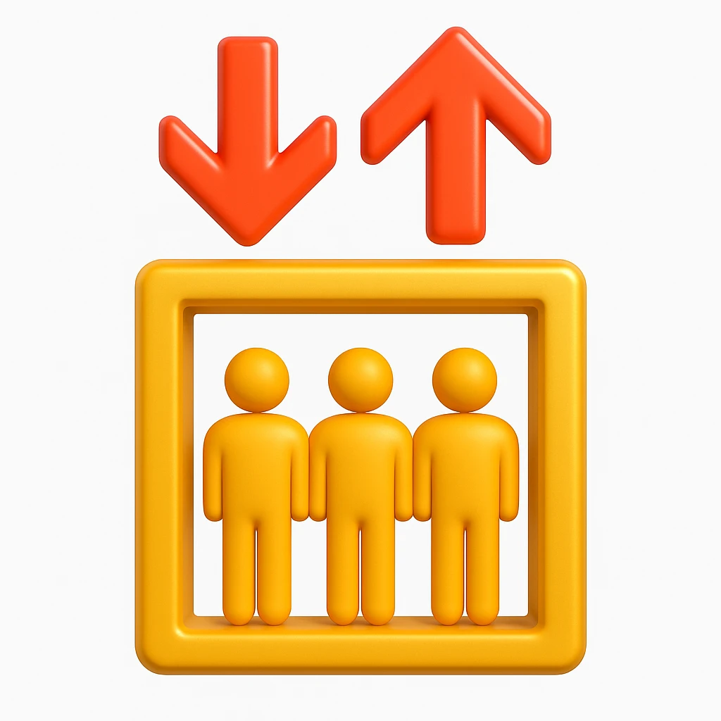 Convert this elevator icon to a 3D emoji style with a gold elevator and red arrows, three people inside. The style should be glossy and vibrant, resembling Microsoft style 3D fluent emojis. emoji