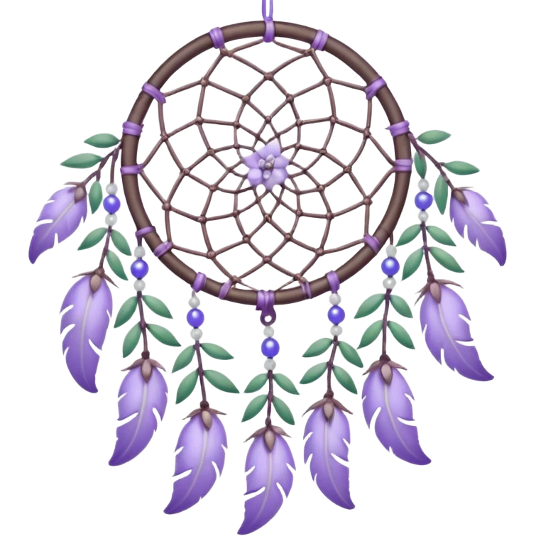 Lavender lilac pastel purple dreamcatcher-suncatcher with lavender flowers and lilac flowers attached, blue beads, and white beads, green leaves emoji