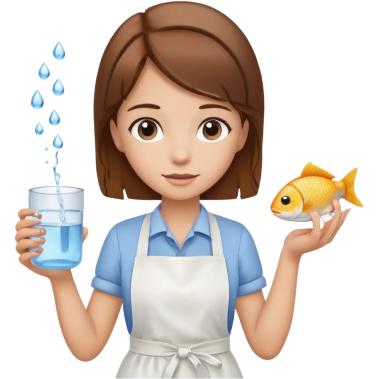 A girl with brown hair wearing an apron and holding a fish and a cup of water in another hand emoji