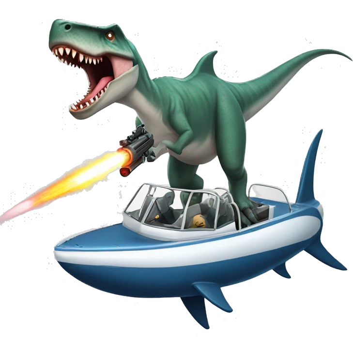 dinosaur riding a great white shark shooting laser guns emoji