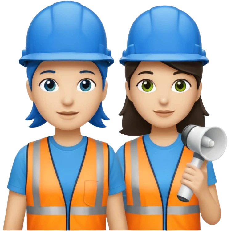Duas pessoas com capacete de obras azul e um megafone na mão e camisa social cinza com faixas reflexivas verdes nos braços. Deve ser um homem e uma mulher. Os dois capacetes devem será azul escuro. emoji