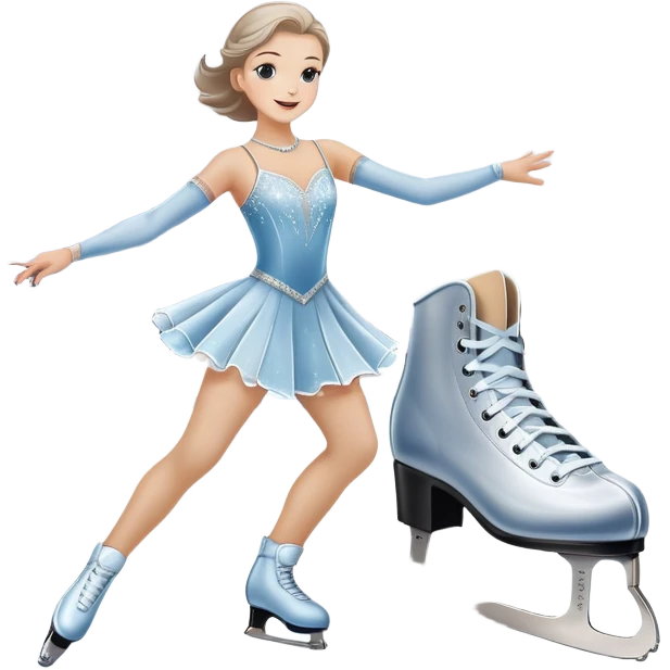 An icon showing elegant figure skates in close-up on a glossy ice surface, with a graceful skater performing in the background. The scene is set inside a grand indoor ice arena with spotlights, decorative banners, and a cheering audience. Transparent background. emoji