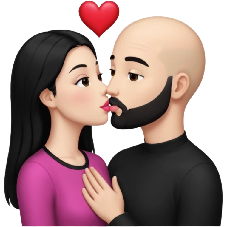 👩🏻‍❤️‍💋‍👨🏻 this one but the man should be bald. white woman with long black hair and white bald young man whoitiut hair and a heart between their heads. she has pink lips and both have brown eyes. he has e full beard but short. both wear black. they kiss slowly emoji