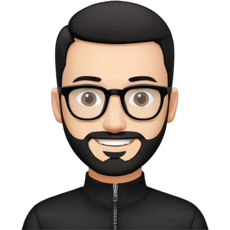 Fair-skinned man with almost buzz cut black hair (extremely short but not completely shaved), short salt and pepper beard, large black-framed glasses, smiling, wearing black long sleeve zip shirt at neck emoji