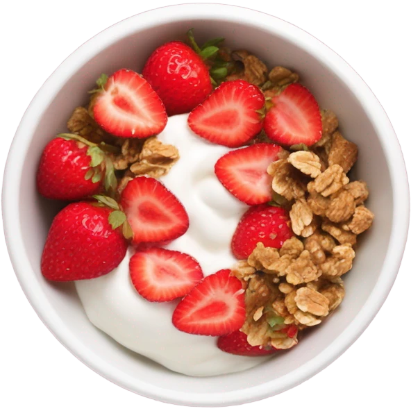 Top view of a yogurt bowl with strawberries and granola emoji