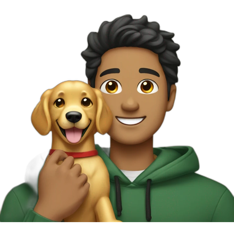 Light skin smiling indian guy with black middle part hairstyle wearing dark green hoodie hugging a golden retriever emoji