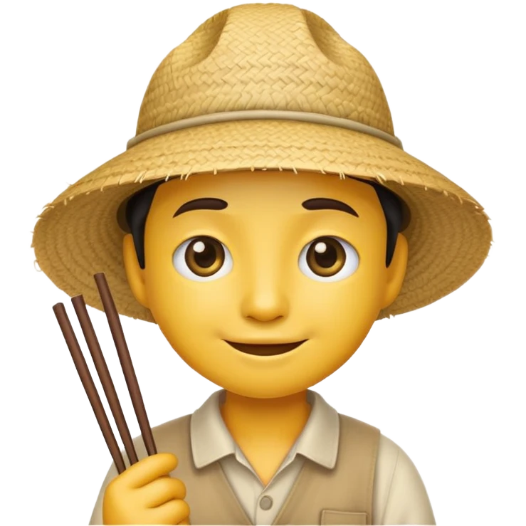 do a yellow basic emoji with lines as eyes and two buck teeth and give him a chinese farmer hat and chopsticks emoji