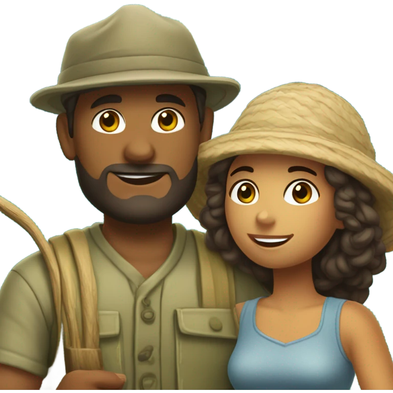Latina island girl with Caucasian fisherman no beard husband in love on an island  emoji