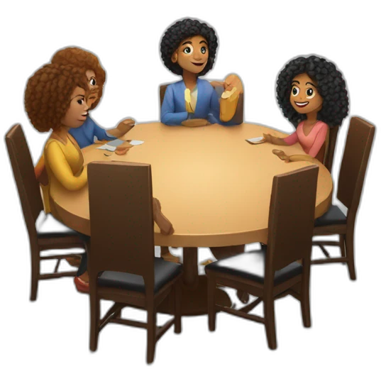 people sitting around a round table. Diverse in race and hair style. No croppings and all elements should be in frame. emoji