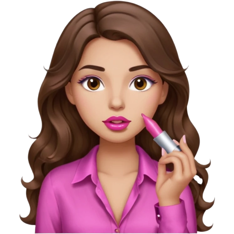 girl with long wavy brown hair, brown eyes, light to medium complexion, in a pink sexy shirt, pink lips, long lashes, puckered lips, putting on lipstick emoji