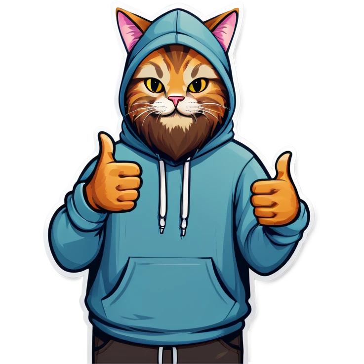 Cat with beard and hoodie , thumbs up emoji