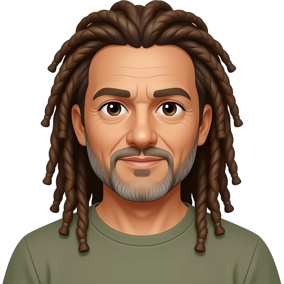 50 year old light brown man with long dreadlocks. Short facial hair. his hair is slightly graying emoji