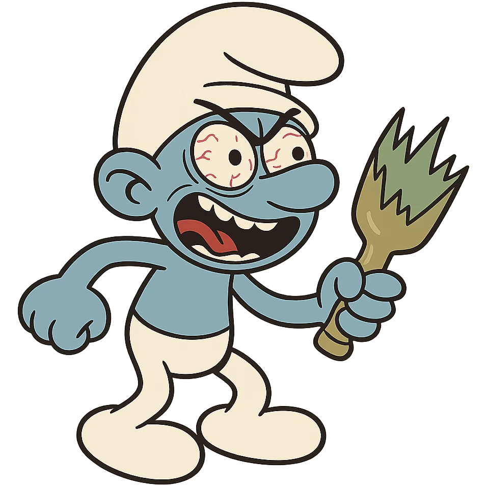 a smurf with a crazed look, holding a broken bottle, cartoon style emoji