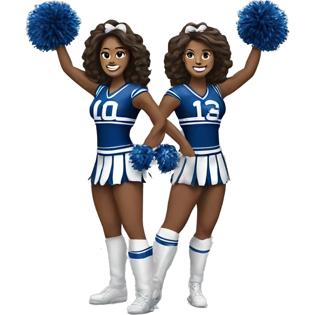 2 DCC dallas cowboy cheerleaders side by side holding pom poms, their arms are at their hips and one of their legs is extended out emoji