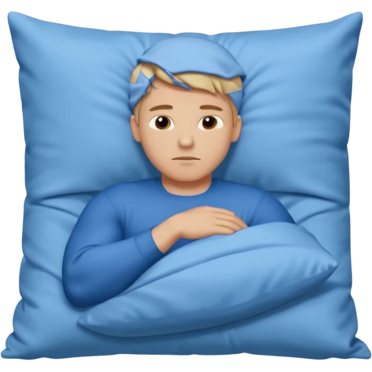 A young muscular male with short dark-blonde hair, medium-light skin, and a neutral expression, dressed in blue cloth. He lies on his side, arms around a soft white pillow, with his head on a smooth blue pillow. A flowing blue blanket covers him in silky folds. emoji