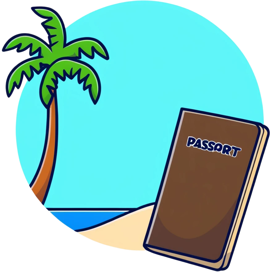 Travel discount offer with palm tree, beach and passport emoji