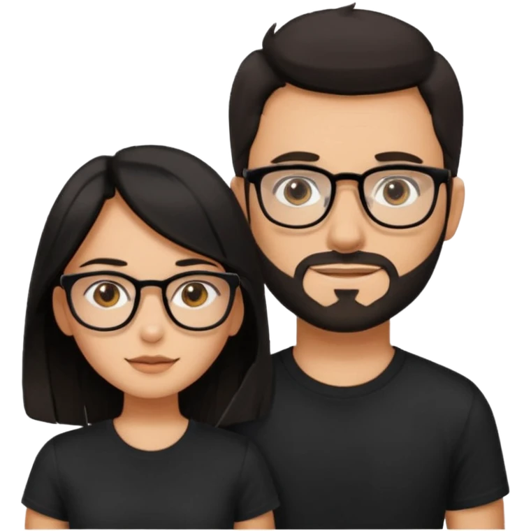chico con gafas y barba corta moreno  camiseta negra al lado una chica pelo negro  largo piel blanca y camiseta rosa ojos marrones emoji