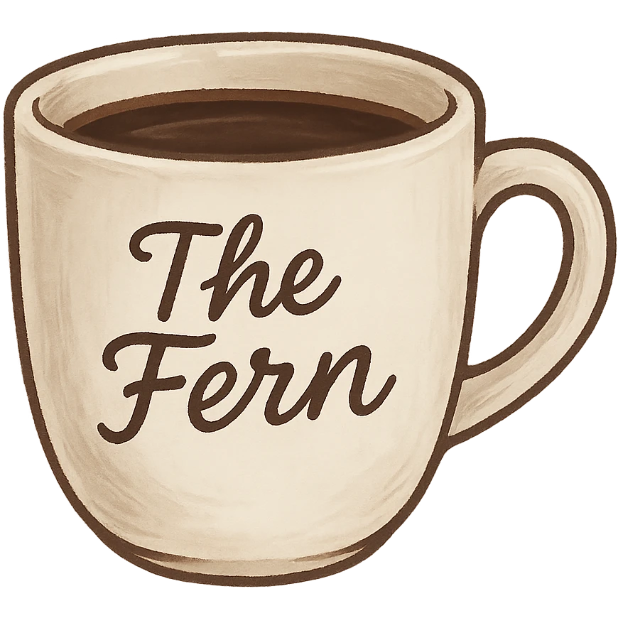 white coffee cup with 'The Fern' written on it in a handwritten script, cozy and inviting vibe emoji