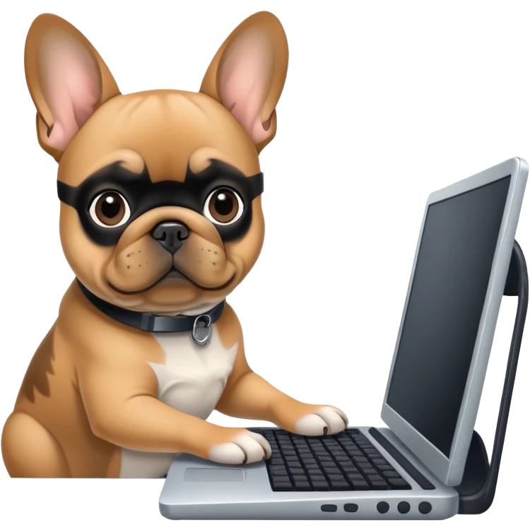 Fawn Frenchie with black muzzle working behind computer emoji