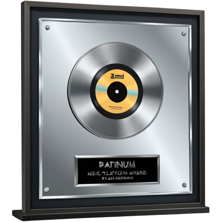 A platinum music award plaque: a square, polished platinum plate with a subtly textured, mirror-like finish, mounted on a simple dark metal base. The center features a relief of a or stylized vinyl record in a slightly darker metallic tone.  emoji