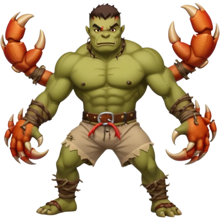 orc male flexing with giant crab. Torn net shorts, claw trophy belt emoji