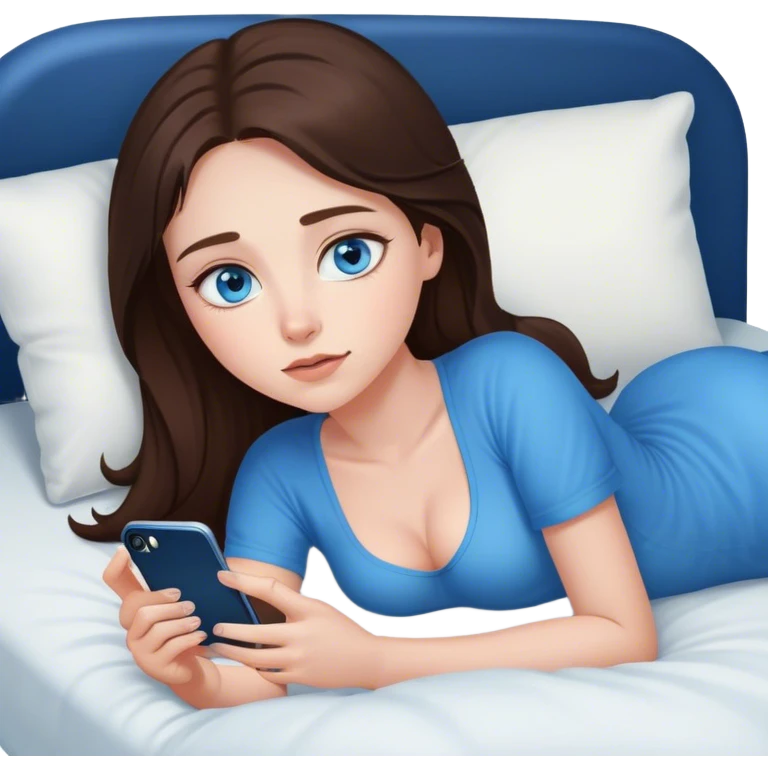 Brunett white girl with blue eyes, laying on stomach  In bed at night , using her iPhone emoji