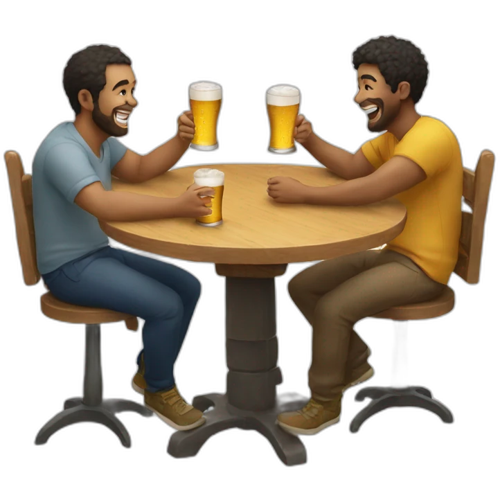 3 people laughing around a circular table with 3 beers on it . -no-yellow-people emoji