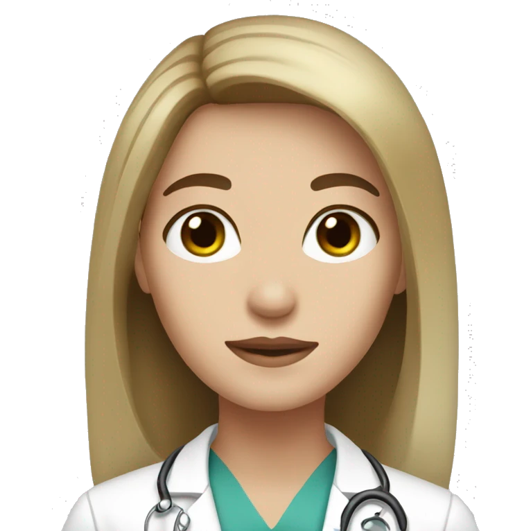 Beautiful white doctor with brunette long hair and black eye color emoji