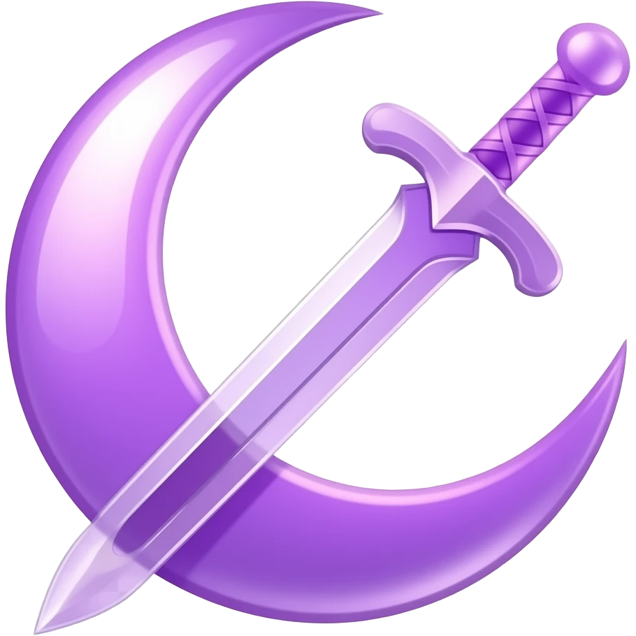 Glowing purple crescent moon with an elegant glowing purple transparent sword, emoji style. Soft violet and pink glow, minimal clean design, smooth edges, subtle lighting, centered, high contrast, transparent background. emoji