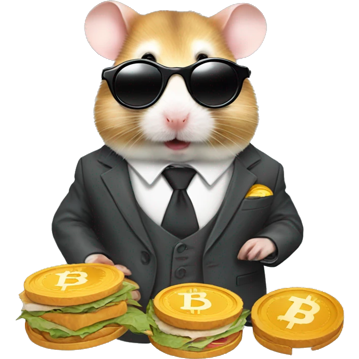 Hamster in three-piece suit wearing round shades and having a sandwich with bitcoins in emoji