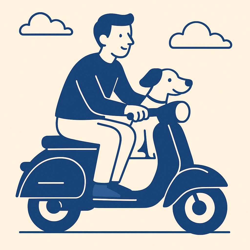 man and his pet dog riding a vespa emoji
