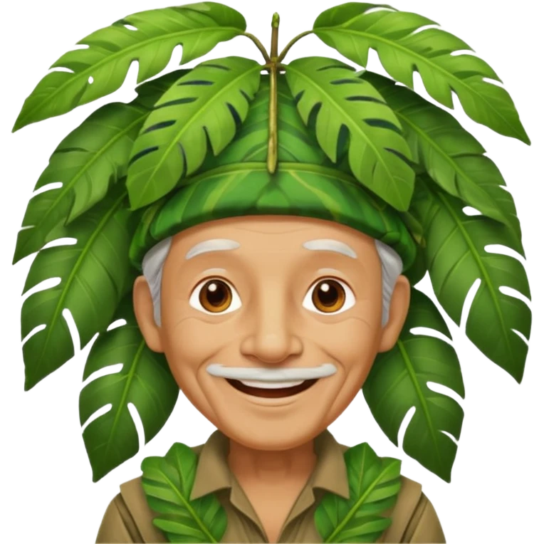 a old man with jungle wearing a large leaf headgear bye  emoji