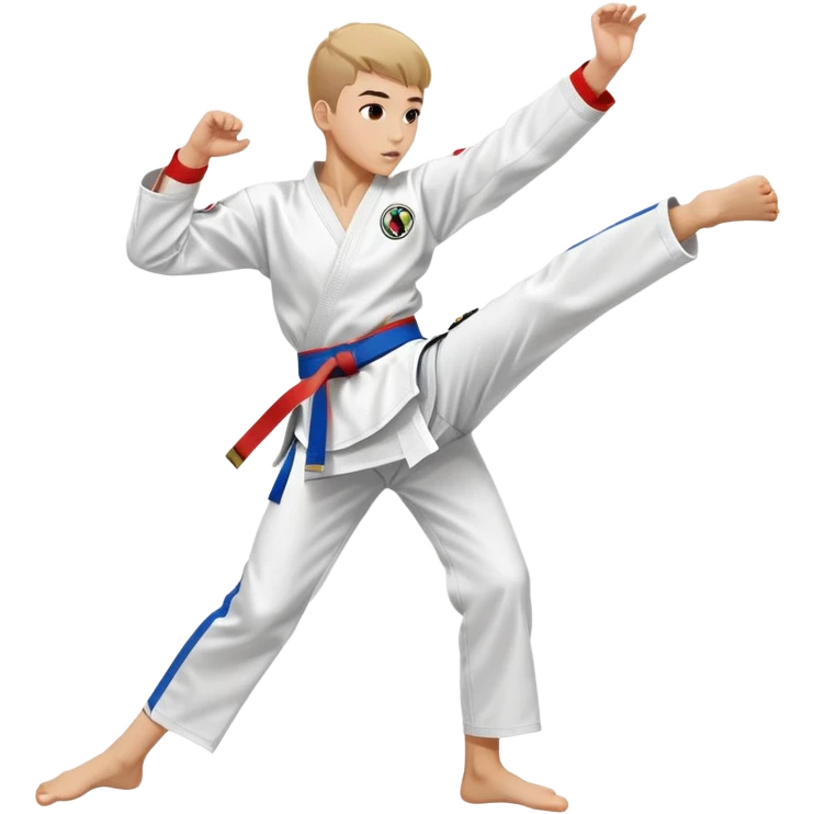 teenager performing a high kick in a white Tae Kwon Do uniform with a colored belt emoji