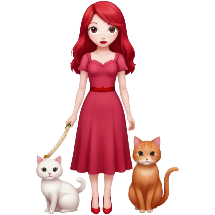 ผู้หญิงใส่ชุดเดรสเห็นทั้งตัวชุดเดรสสีแดงผมยาวสีแดงทาลิปสีชมพูถือแมวหนึ่งตัวสีขาว emoji