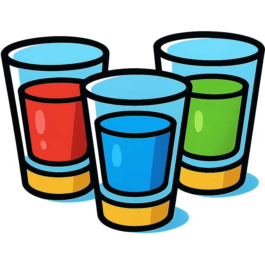 three shot glasses, cartoon style, colorful drinks emoji