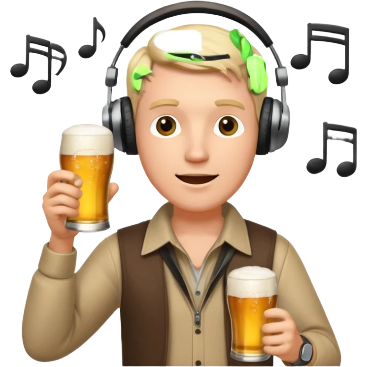 a white male radio presenter wearing headphones, speaking into a microphone, with a beer in his hand and musical notes around him emoji