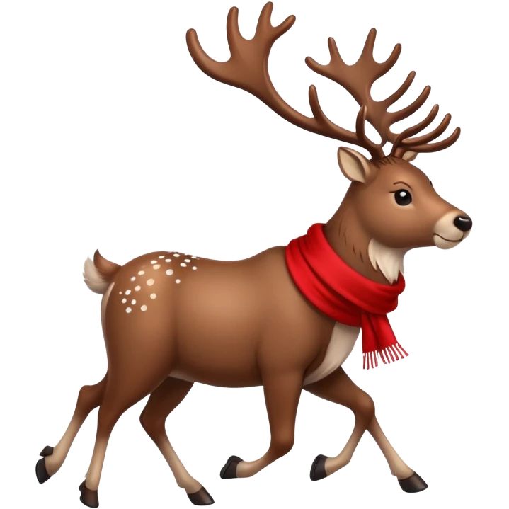 A majestic reindeer with large antlers, wearing a cozy scarf, happily trotting southwards with a determined look, snowflakes gently falling around, in a minimalist emoji style emoji